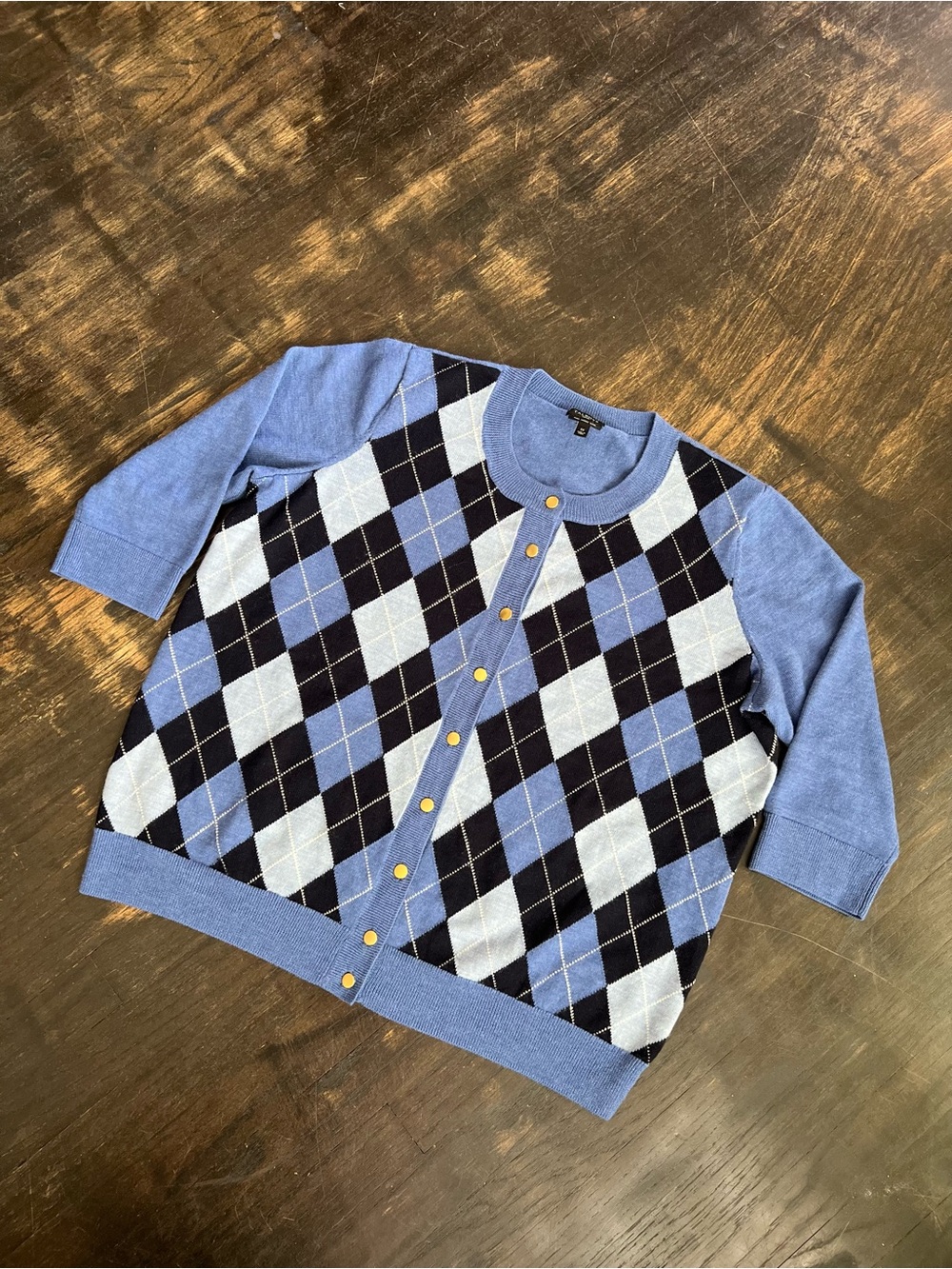 Talbots Argyle Merino Wool Crewneck Cardigan Blue Diamond Gold Button Sweater 1X